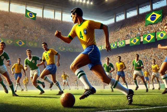 Fudbalska svetska prvenstva: Brazilska fudbalska reprezentacija, utakmica u toku, publika na bini.
