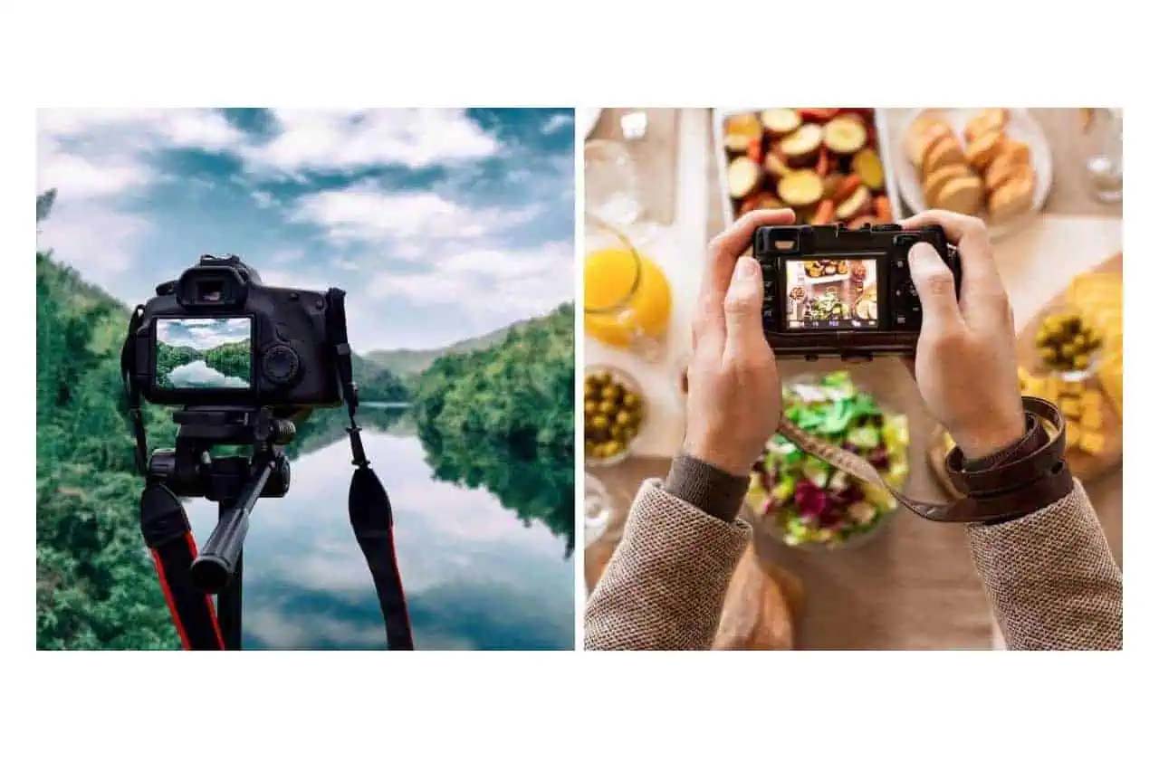 Fotografija sačinjena od dve, na levoj strani priroda kroz objektiv fotoaparata a na desnoj hrana kroz objektiv fotoaparata. Fotografija sačinjena od dve, na levoj strani priroda kroz objektiv fotoaparata a na desnoj hrana kroz objektiv fotoaparata.