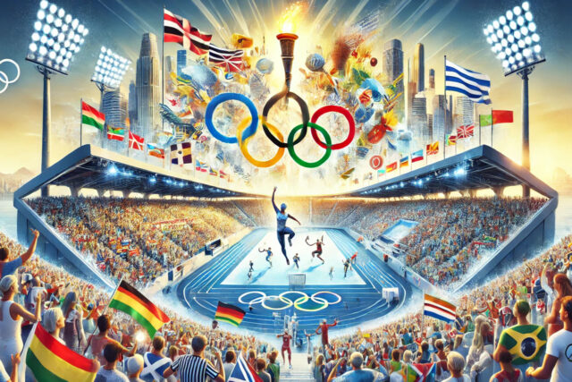 Moderna važnost - Olimpijske igare, takmičenje u toku, publika na bini i olimpijski prstenovi