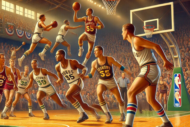 NBA Liga - početci nba lige u Americi, utakmica u toku i publika na bini.