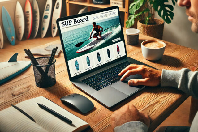 Kupovina SUP daske preko interneta, muškarac na laptopu kupuje SUP dasku.