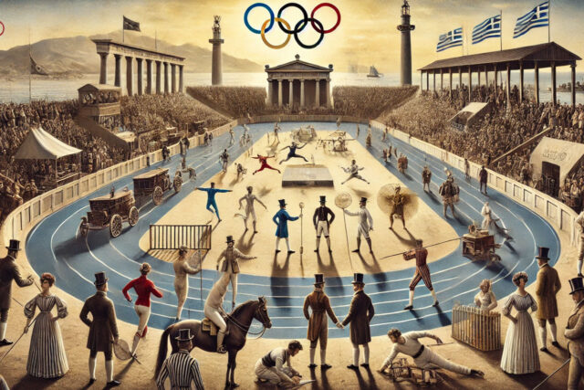 Prve moderne olimijske igre, više takmičenja u toku i publika na bini.