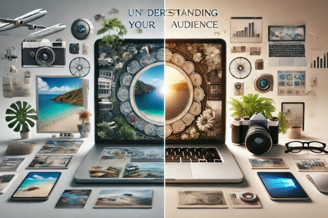 Radni sto na kojem je otvoren laptop, pored je fotoaparat, mobilni i mnoštvo fotografija po stolu i zidovima sobe.