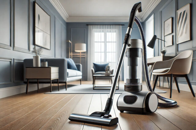 Elegantni štapni usisivač u savremenom okruženju, idealan za brzo i efikasno čišćenje svakodnevnih prostora.