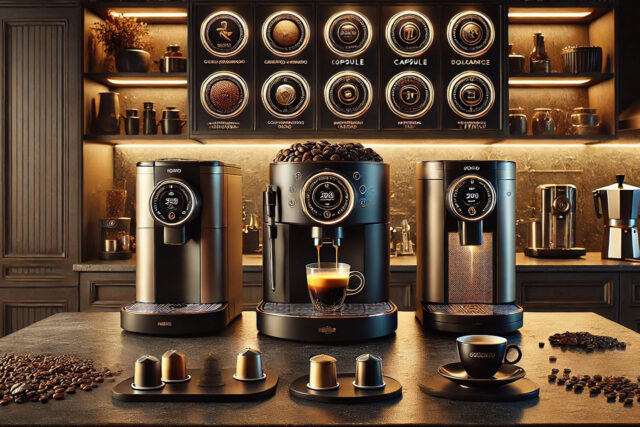 Espresso aparat, 3 modela na pultu, zrna kafe i kapsule za aparat.