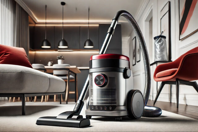 Usisivač sa kesom, postavljen na tepihu u stilski uređenom prostoru sa crvenim akcentima.