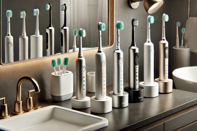 Električne četkice za zube: više brendova kao što su Aeno, Foreo, Philips i Oral-B, poslaganih u kupatilu pored lavaboa.