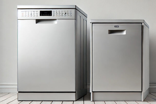 Mašina za sudove - Samostojeća i ugradna, prikazane na beloj pozadini i podu od dasaka.