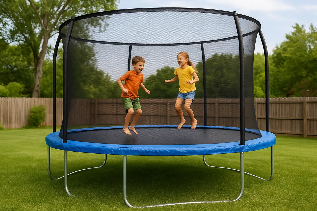 Trambolina sa zaštitnom mrežom u dvorištu i deca koja skaču. Trambolina sa zaštitnom mrežom u dvorištu i deca koja skaču.
